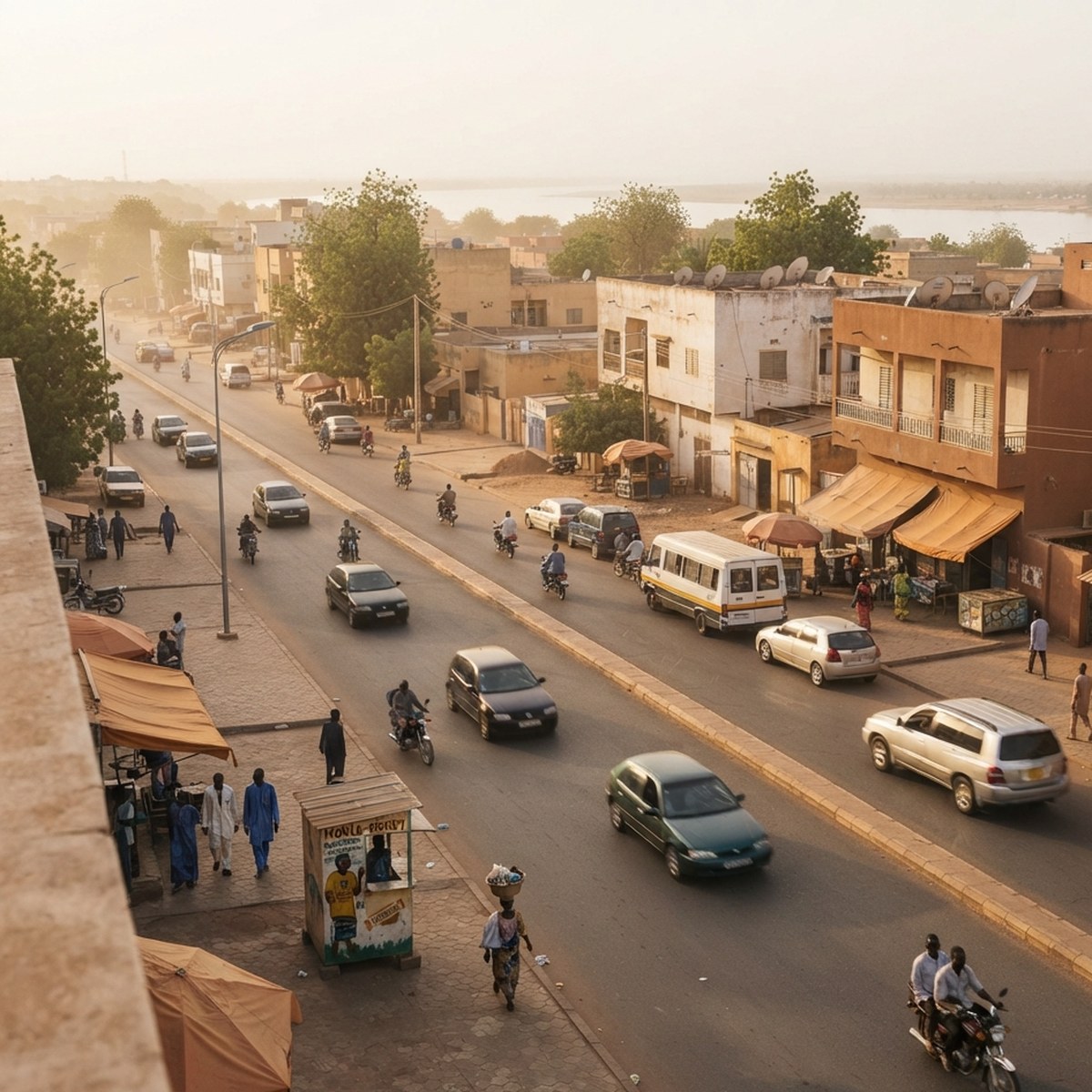 Vue en surplomb d’une avenue de Niamey : circulation, commerces et le fleuve au loin.