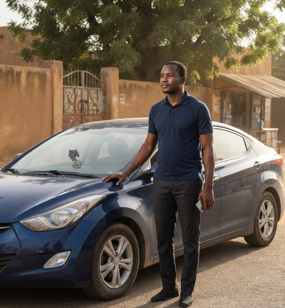 Un conducteur partenaire Wassi devant son véhicule, téléphone à la main.