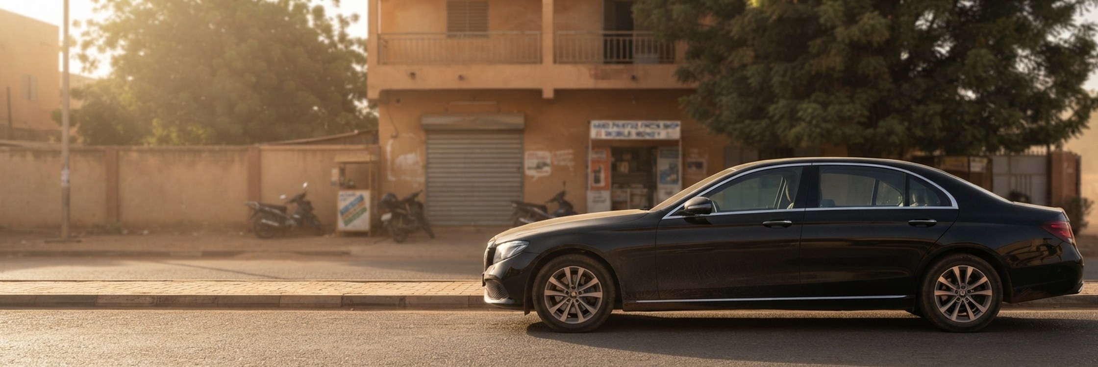 Berline Wassi à l’arrêt le long d’une avenue de Niamey en fin de journée.